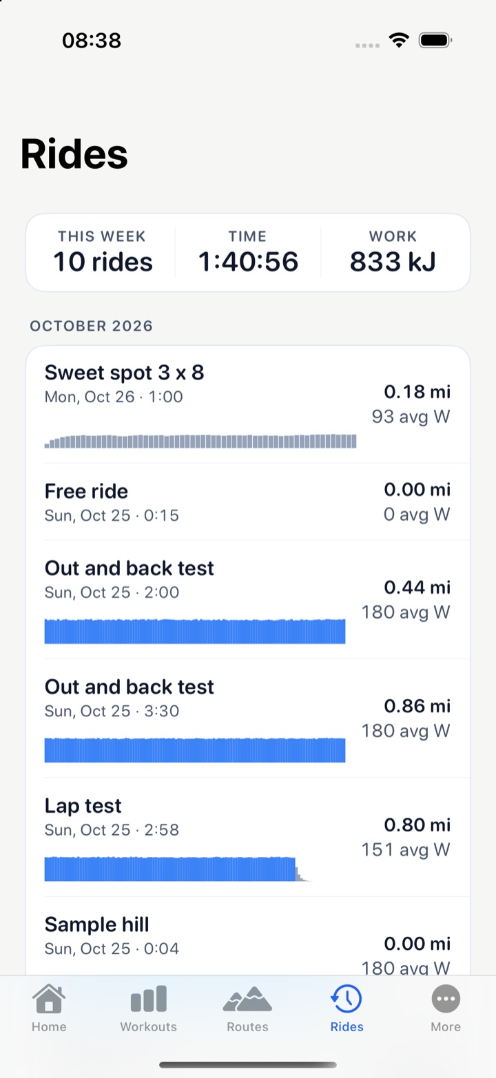 The Rides list: this week 10 rides, 1:40:56, and 833 kJ, then October's rides, each with its date, time, distance, average watts, and a power trace colored by zone.