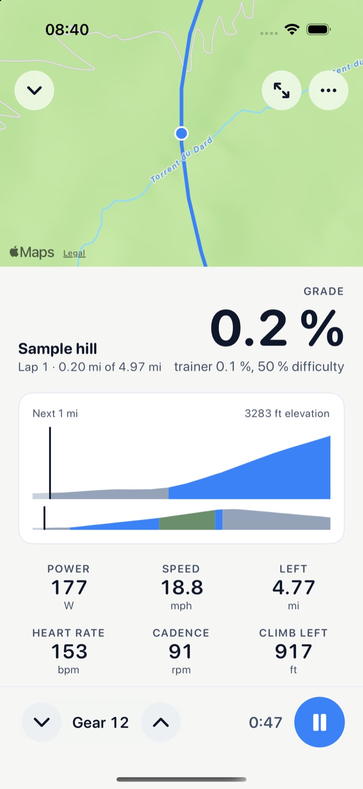 The route player: a map following the rider, grade 0.2 percent, the next mile of profile, power 177 watts, speed 18.8 mph, heart rate 153, cadence 91, 4.77 miles left, and a bottom bar with gear 12, 0:47, and a pause button.